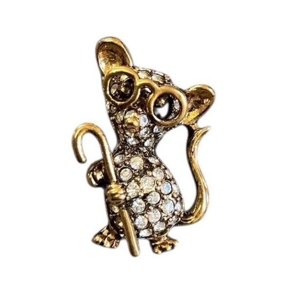 Vintage Gold Tone Jeweled Rhinestone Mouse with Glasses and Cane Brooch - Picture 1 of 6